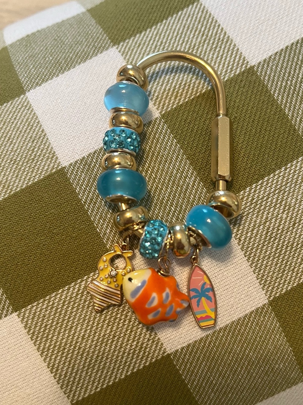 Caribina Gold and Turquoise Bead Keyring with Ocean Charms or purse charm